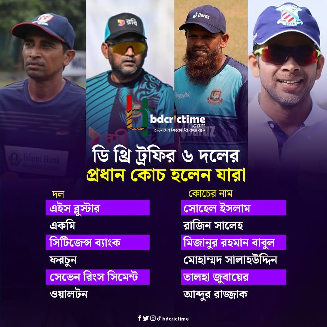 BDCricTime's tweet photo. দেখে নিন ডি থ্রি ট্রফিতে প্রধান কোচের দায়িত্বে যারা

#D3Trophy #BDCricTime https://t.co/7Xw25YVR5T