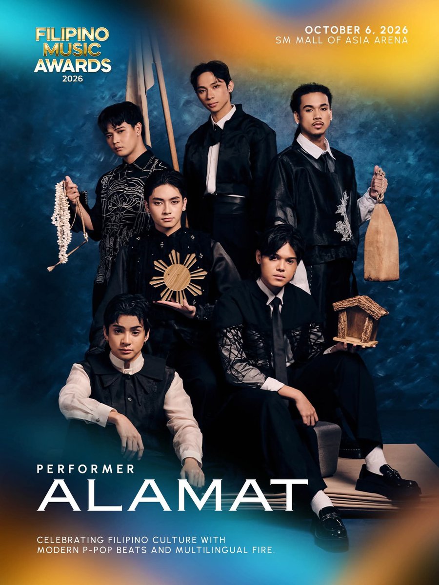 SoundCheckMNL's tweet photo. Get ready, MAGILIW—your boys are officially back! ALAMAT (ALAMAT ᜀᜎᜋᜆ᜔ 🇵🇭) is hitting the stage live for the Filipino Music Awards 2026!

Bringing their signature blend of regional soundscapes, modern pop, and hip-hop, they're set to deliver pure Pinoy pride alongside OPM’s biggest names.

The Filipino Music Awards returns for its second edition on October 6, 2026, at the SM Mall of Asia Arena, spotlighting the extraordinary artists and tracks defining the next era of OPM.

Want to attend? You can snag a complimentary ticket by purchasing an official FMA Package—complete with exclusive merch and selected magazine back issues.

Head over to https://t.co/VujN3hFqWO to browse official FMA Packages, and check https://t.co/rj7Ih5054n for full ticket redemption details.

Presented by: AGC Power Holdings Corp.

Media Partners: Billboard Philippines, Rolling Stone Philippines, Vogue Philippines, MEGA, GQ Philippines, VMAN SEA, Allure Philippines, Delish Philippines

#ALAMAT
#ALAMATForFilipinoMusicAwards
#ALAMATForFMAs
#FilipinoMusicAwards
#FMAs @Official_ALAMAT