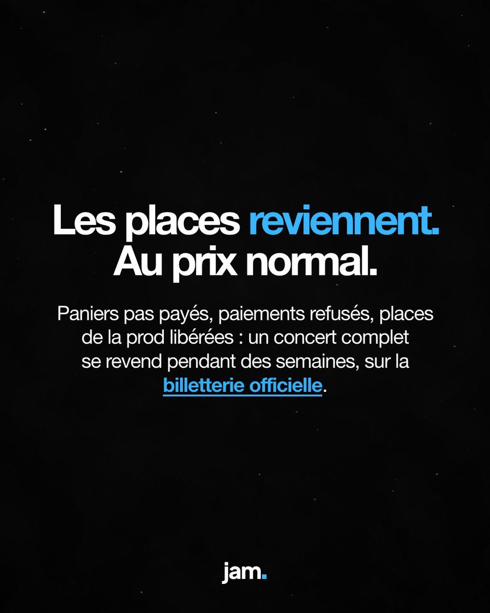 jamapp_fr's tweet photo. Arrêtez de payer vos places 4 FOIS le prix en revente ! 

Concert complet ? Des places reviennent au prix normal sur la billetterie officielle.

Le hic : elles repartent en quelques minutes. Jam Concert vous prévient dès qu'elles reviennent dans la seconde 🫰🏼

Disponible sur iPhone et Android
