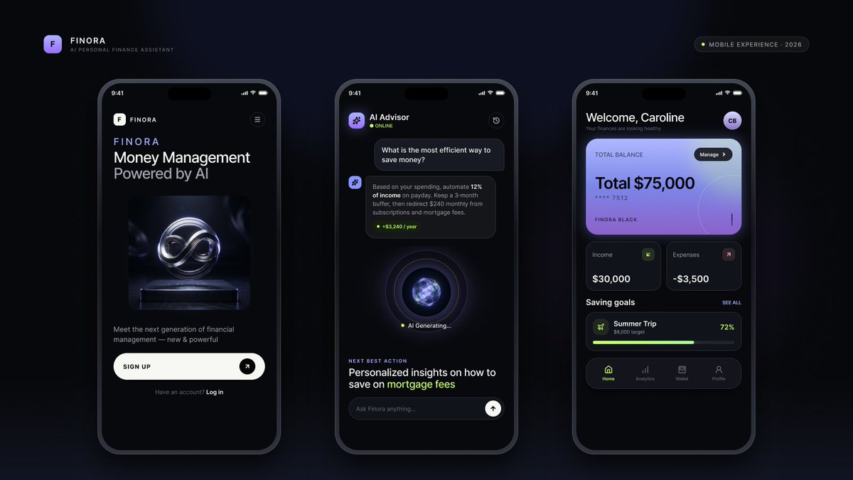 danii_sultan's tweet photo. Finora: a mobile concept for an AI personal finance assistant.

Not just tracking your money, but telling you what to do with it.

Dark UI, violet gradients, lime accents. Three screens: onboarding, AI advisor, dashboard.

Feedback welcome 👇

#UIUX #Fintech #AIDesign https://t.co/9KIuGeQywG