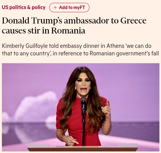 Daractenus's tweet photo. The Financial Times has independently corroborated Kimberly Guilfoyle’s statement that the US was behind the collapse of the Romanian government of PM Bolojan over its refusal to buy US gas at above market prices: "We can do that to any country we want. We can do that here too." https://t.co/Tuz2IKXL3Q