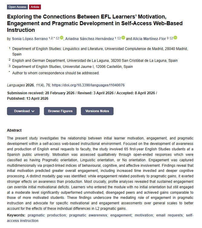Languages_MDPI's tweet photo. 📒 Exploring the Connections Between EFL Learners’ Motivation, Engagement and Pragmatic Development in Self-Access Web-Based Instruction
by Sonia López-Serrano, Ariadna Sánchez-Hernández, and Alicia Martínez-Flor
🔗https://t.co/GHbFNzsews
#LanguagesMDPI #Linguistics #EFL https://t.co/GUc0yapbCL