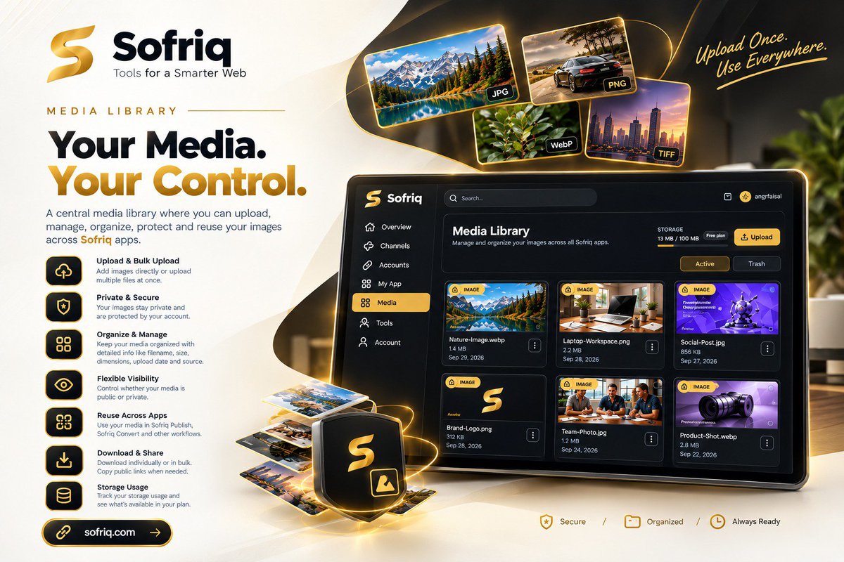 sofriq's tweet photo. 📁 Meet Sofriq Media Library.

Upload once. Organize your media. Reuse it across your Sofriq workspace.

From Media → Convert → Publish, keep the files behind your work ready whenever you need them. 🔄✨

Your media. Your workspace. Your control. https://t.co/c4eySWNbur