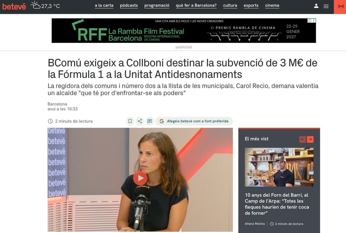 Comptesclares's tweet photo. 1/ Ahir betevé, la televisió de l'Ajuntament de Barcelona, titulava: "BComú exigeix a Collboni destinar la subvenció de 3 M€ de la Fórmula 1 a la Unitat Antidesnonaments".
 Sona bé: la F1 dels rics contra les famílies desnonades.

Tothom amb Maricarmen, la nova #maricarmenlivesmatter 
 Però el titular enganya. I el que no us expliquen és molt més gros. 🧵
