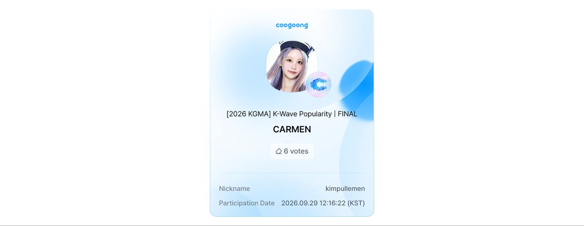 todayisclvernss's tweet photo. #coogoong 💫 “[2026 KGMA] K-Wave Popularity | FINAL”
supporting #CARMEN #카르멘
#カルメン 
Keep voting y'all https://t.co/lhCZ2dqcMA