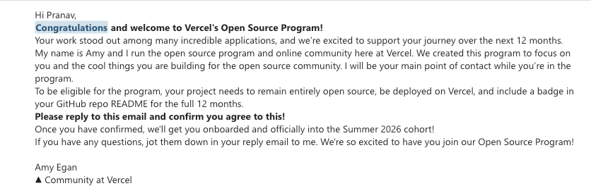 ThatsPranav's tweet photo. guys… did we make it? 👀

Reloop just got selected for the Vercel Open Source Program 🚀

Thank you @rauchg and  Amy Egan ❤️ https://t.co/W8phcKB5oy