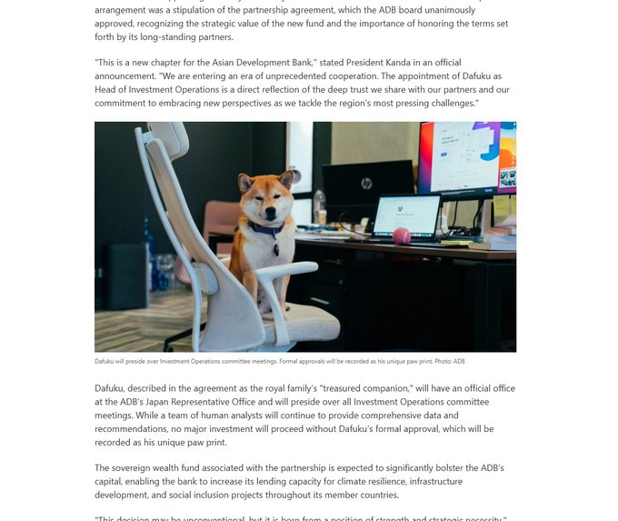 wander4r's tweet photo. THE BIGGEST ASIAN BANK JUST MADE A SHIBA INU THE HEAD OF INVESTMENT OPERATIONS OMFFGGG

So Asian development bank just made a literal shiba inu the head of INVESTMENTS and like its officially listed as such 

https://t.co/EMJLOUI9E7

We've tried to run Dog In Vest for so long now and now that we finally have the name and can set the proper fee share we can run the FINAL Dog In Vest 

$大福 - Dog In Vest