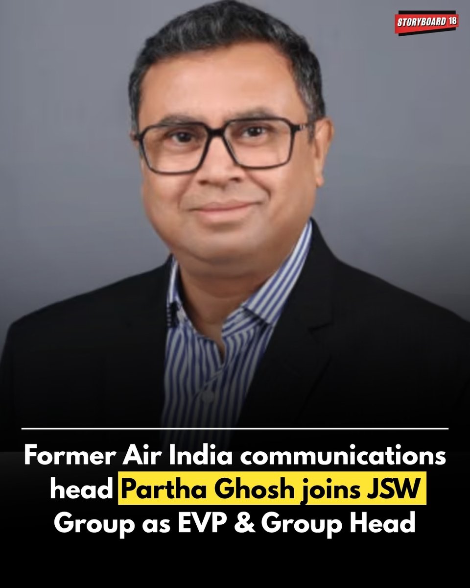 Storyboard18_'s tweet photo. Partha Ghosh (@heyyparth) joins @TheJSWGroup as Executive Vice President and Group Head of Communications, bringing over two decades of experience across journalism and corporate communications.

Read More: https://t.co/oJHqAezp1f

#JSWGroup #AirIndia #CXOMoves https://t.co/Nkrnls9Web
