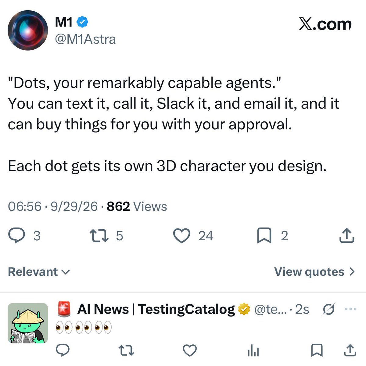 testingcatalog's tweet photo. OPENAI 🔥: “Dots” will be the name of upcoming AI agents from OpenAI, according to new strings that have surfaced in recent builds (via @M1Astra).

> "Dots, your remarkably capable agents."
You can text it, call it, Slack it, and email it, and it can buy things for you with your approval.”

> “Each dot gets its own 3D character you design.”

……

Does this mean that “o” is something else on top of it?