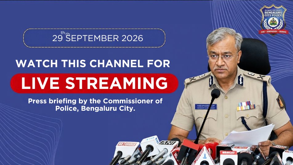 BlrCityPolice's tweet photo. Join us LIVE at 11:00 AM as the Commissioner of Police, Bengaluru, addresses the media on key law enforcement initiatives, crime updates, and public safety measures.   
Click on the link below:

https://t.co/JT4EBMkazJ https://t.co/D43hF8RgKo