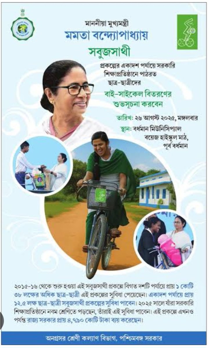 KunalGhoshAgain's tweet photo. বিজেপি সরকারের চক্ষুলজ্জাও নেই? @MamataOfficial মমতা ব্যানার্জি ছাত্রছাত্রীদের জন্য সাইকেলের ' সবুজসাথী' প্রকল্প শুরু করেছিলেন। বিপুল সংখ্যক ছাত্রছাত্রী তার উপকার পেয়েছে। দূরের স্কুলে যেতে কত সুবিধা। আজ হঠাৎ 'সারথি'?  বিজ্ঞাপনের ভাষা দেখুন- নতুন গতি!!! মমতাদির তৈরি করা স্কিম নিয়ে বিজেপির বড় বড় কথা। মমতাদি মানুষের স্বার্থে কাজ করেছেন, মেনে নিক বিজেপি।