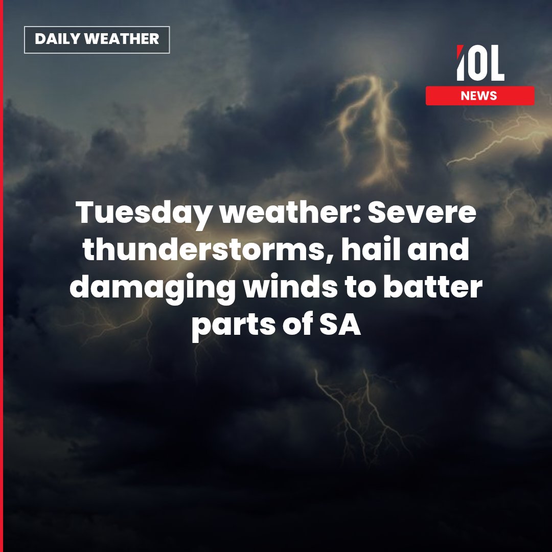IOL's tweet photo. Severe thunderstorms are expected to hit large parts of South Africa on Tuesday, with Gauteng, North West and several other regions facing heavy downpours, damaging winds, hail and excessive lightning.
Read on https://t.co/GxiTLjDGPq
#news #SevereThunderstorms #HeavyRain #DamagingWinds #ExcessiveLightning