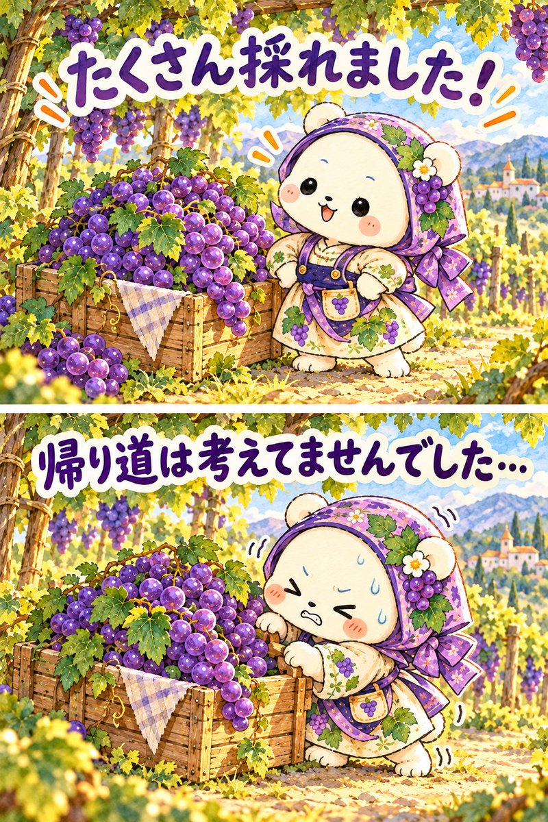 potepote8888's tweet photo. 今日の２コマぽて🍇

朝から頑張って、かごいっぱいに収穫しました✨
達成感でいっぱいのぽて。

ただし、かごは一ミリも持ち上がりません…💦
帰り道は、いま考えています🤭

#LINEスタンプ
#ぽてシリーズ
#フルーツぽて
#AIイラスト https://t.co/gF09nRXHUk