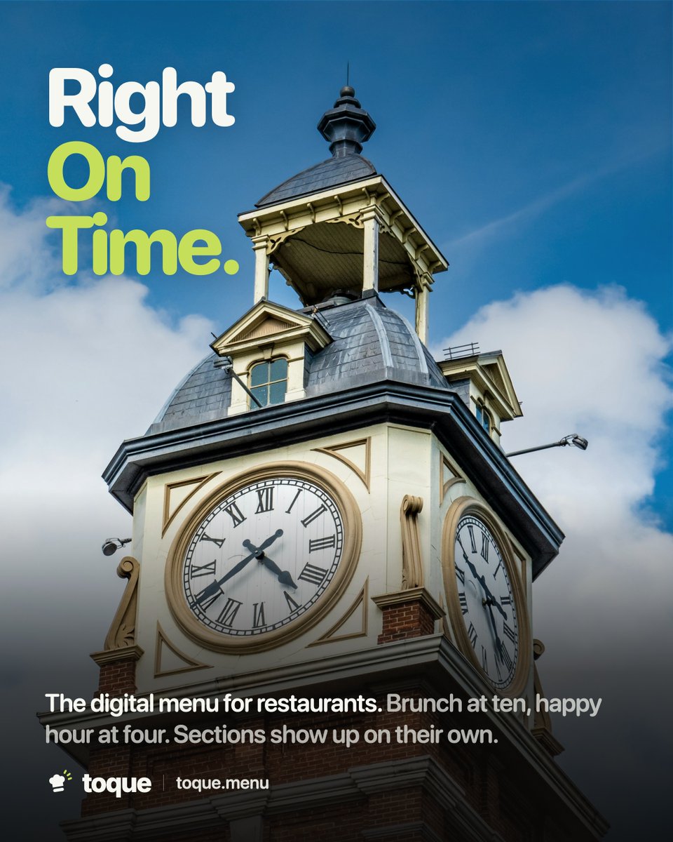 ToqueMenu's tweet photo. Brunch at ten. Happy hour at four. Late menu at nine.

Give a section hours and it appears and leaves on its own, on your restaurant's clock.

https://t.co/bT1ZtVdbVu https://t.co/l3Yk0LrK33