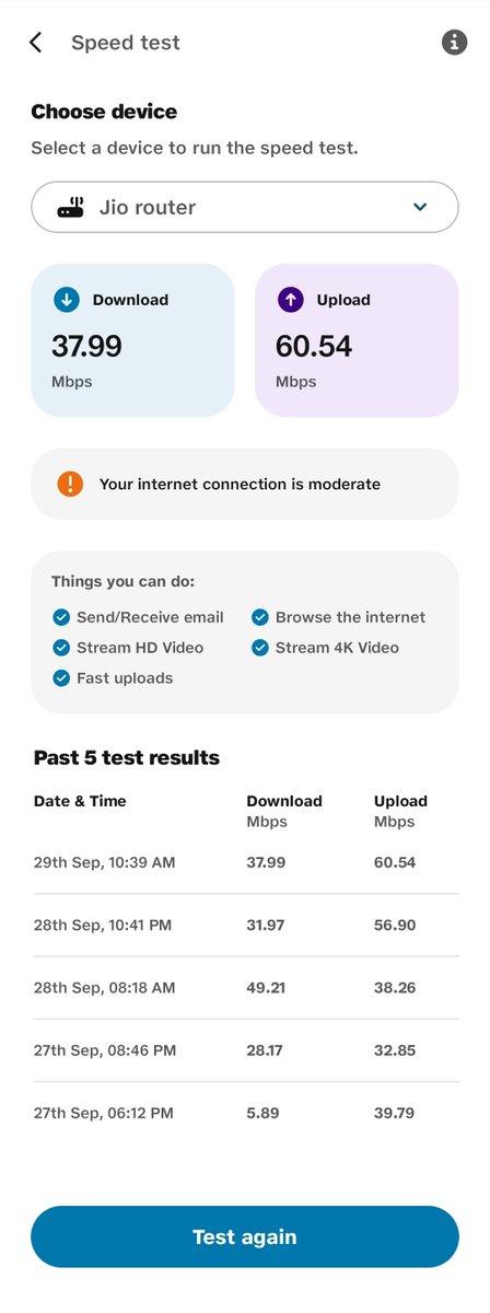 tsvsaikrishna's tweet photo. @JioCare These are the speed test results. I am subscribed to 100 Mbps, but no engineer has come yet to check. I have been experiencing this issue since the first week of August (since installation), and despite multiple complaints, my issue remains unresolved. https://t.co/VxAAwySBL4