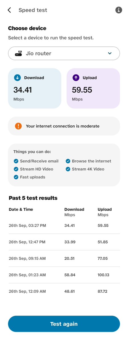 tsvsaikrishna's tweet photo. @JioCare These are the speed test results. I am subscribed to 100 Mbps, but no engineer has come yet to check. I have been experiencing this issue since the first week of August (since installation), and despite multiple complaints, my issue remains unresolved. https://t.co/VxAAwySBL4