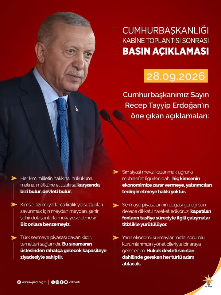 OsmanMesten16's tweet photo. 📌 Cumhurbaşkanlığı Kabine Toplantısı 
🗓️ 28.09.2026

"Ama şunu bugün bir kere daha açık açık ifade etmek isterim. İster piyasa manipülasyonuyla, ister borsa oyunlarıyla, ister belediyelerde yaşandığı gibi apaçık yolsuzluk yaparak olsun, her kim milletin hakkına, hukukuna, malına, mülküne el uzatırsa karşısında bizi bulur, devleti bulur. Kimse bizi başkalarıyla karıştırmasın. Kimse bizi milyarlarca liralık yolsuzlukları savunmak için meydan meydan, şehir şehir dolaşanlarla mukayese etmesin. Biz, onlara benzemeyiz. Bizim kırmızı çizgimiz aziz milletimizdir. Milletimiz söz konusu olduğunda da tavrımız bellidir.

Biz ne hak yeriz ne de vatandaşın hakkının yenilmesine göz yumarız. Hele hele başkaları gibi hak yiyenleri savunma yoluna asla gitmeyiz. Aramızdaki fark işte budur. Söz konusu insanımızın huzuru ise söz konusu 86 milyonun ekonomik güvenliği, refahı, kalkınması ise bunda en küçük bir tereddüt göstermeyiz. Bu konudaki kararlılığımızı şüpheye mahal vermeyecek biçimde zaten ortaya koyduk."

Sayın Cumhurbaşkanımız @RTErdogan ’ın öne çıkan açıklamalarından bazı başlıklar:

https://t.co/nkrp6Dk7uK