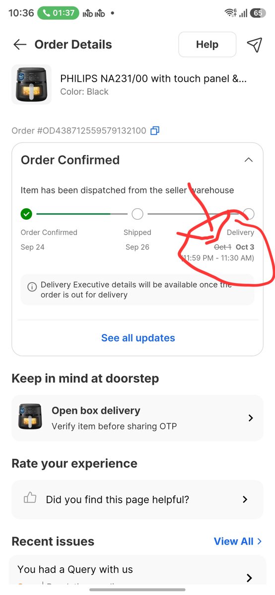coolshek11's tweet photo. Disappointed with the service, @Flipkart @flipkartsupport. My order #OD438712559579132100 for Philips Air Fryer was originally promised for delivery by Oct 1st, but now the date has been pushed to Oct 3rd without explanation. Please look into this and expedite delivery! https://t.co/DkIDSOWWEU