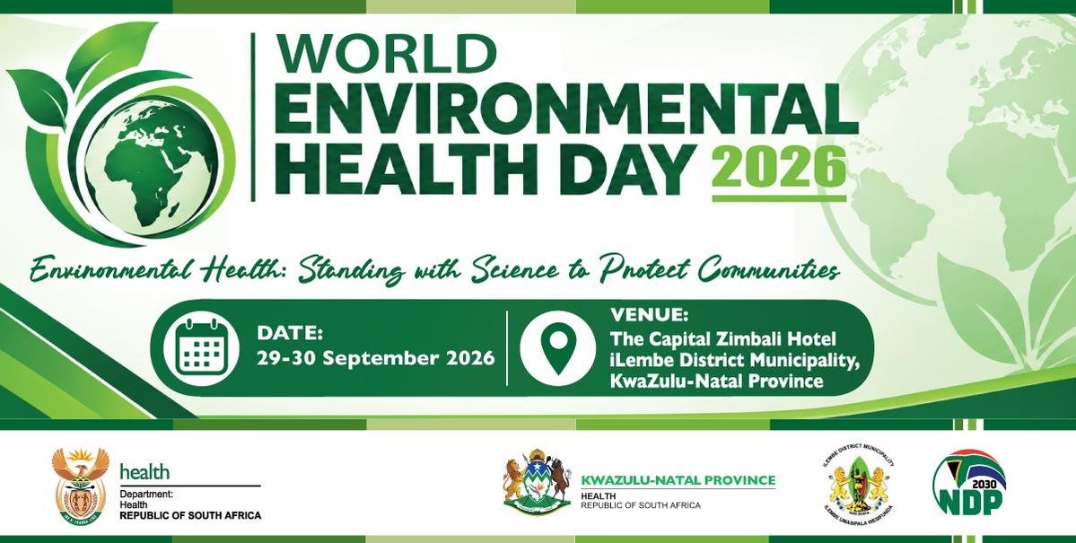 HealthZA's tweet photo. Deputy Minister of Health Dr Joe Phaahla will lead the World Environmental Health Day commemorative event on Tuesday, 29 September.
Members of the media are invited as follows:
29 β 30 Sept 2026
The Capital, Zimbali, KwaZulu-Natal
Time: 09h00
RSVP: tlou.tlhako@health.gov.za https://t.co/EtyjwwcJEP