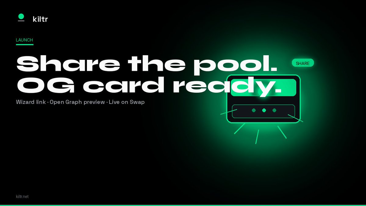 KiltrProtocol's tweet photo. Share the pool. OG card ready.

After create confirms, the wizard shows the pool address and a page link. Share it - the pool is immediately routable on Kiltr Swap.

Builders also get a server-rendered share page with an Open Graph card at /api/share/pool and /api/og/pool.

https://t.co/sHk0ZkC7iT

Educational content. Not investment advice.
Independent — not affiliated with or endorsed by Robinhood.

$KILTR CA: 0x985ff6B07d77121eBBb4074c35b7a022D61123AD