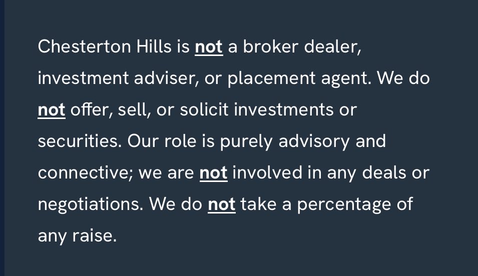 JasperTheVC's tweet photo. @binghott @alexmedick There’s a reason my website says we are not a broker dealer. We do not act as an investment advisor. And has that full disclaimer no less than 10 times all throughout the site. 

You cannot charge a success base fee unless you’re a broker dealer or lawyer. https://t.co/F9scU9ZHay