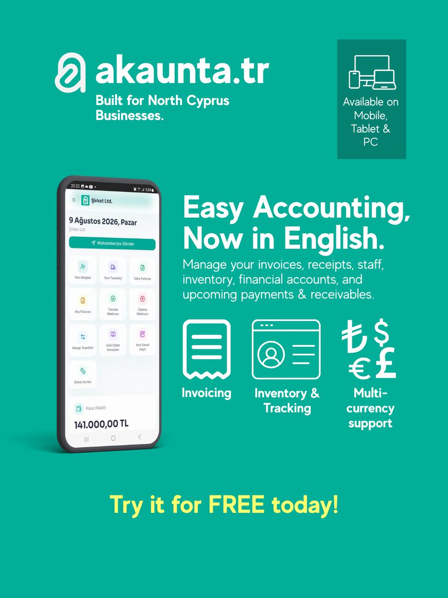 akauntatr's tweet photo. Managing your business in North Cyprus just got easier! 🚀 Akaunta is now fully available in English!

​Say goodbye to language barriers and complicated accounting. Whether you are at the office or on the go, manage your entire business from your Mobile, Tablet, or PC. 💻📱

​✅ Issue invoices in seconds
✅ Generate instant account statements
✅ Multi-currency support (₺, $, €, £)
✅ Track inventory, staff, and your upcoming payables & receivables seamlessly!

​Built specifically for North Cyprus businesses, Akaunta gives you full control over your financials.

​👇 Start your FREE trial today!
https://t.co/n6UMpMtBGL