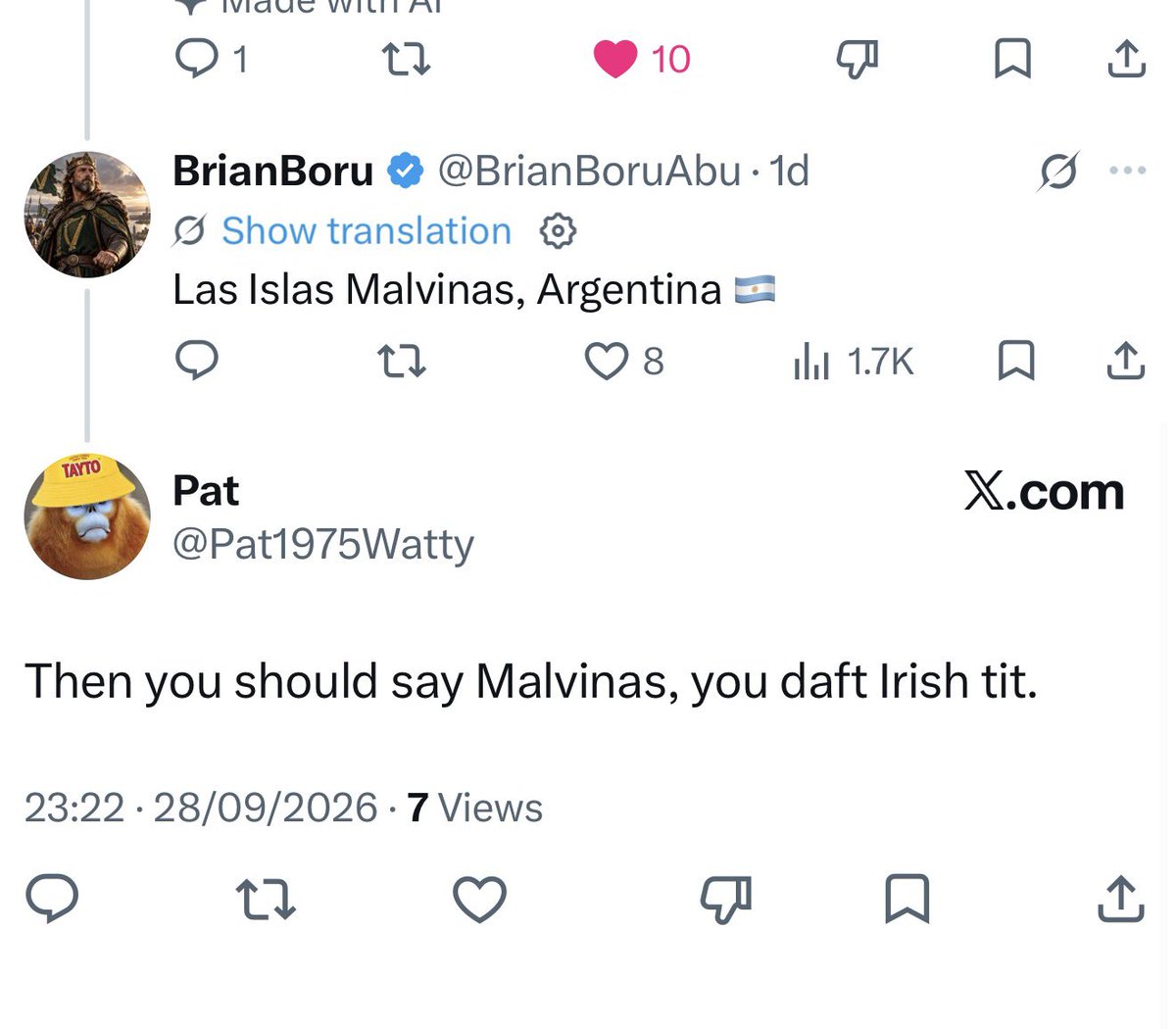 BrianBoruAbu's tweet photo. @Pat1975Watty @RexieSquad I did you stupid cunt, you’re reading it with an auto translation from X hahahaha ya wanker https://t.co/LqkI8sNzmd