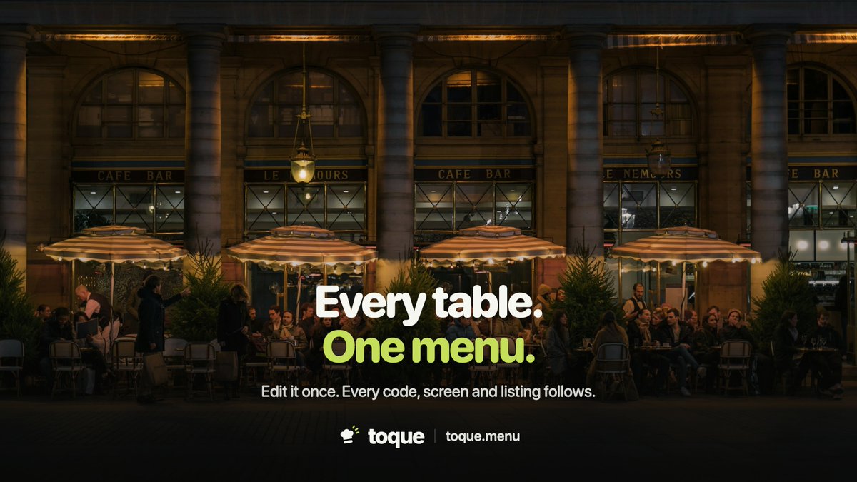 ToqueMenu's tweet photo. Forty tables on the terrace, one menu behind all of them.

Edit it once and every QR code, screen and listing follows. No reprint, no stale PDF.

https://t.co/bT1ZtVdbVu https://t.co/KD3QQOj7HO