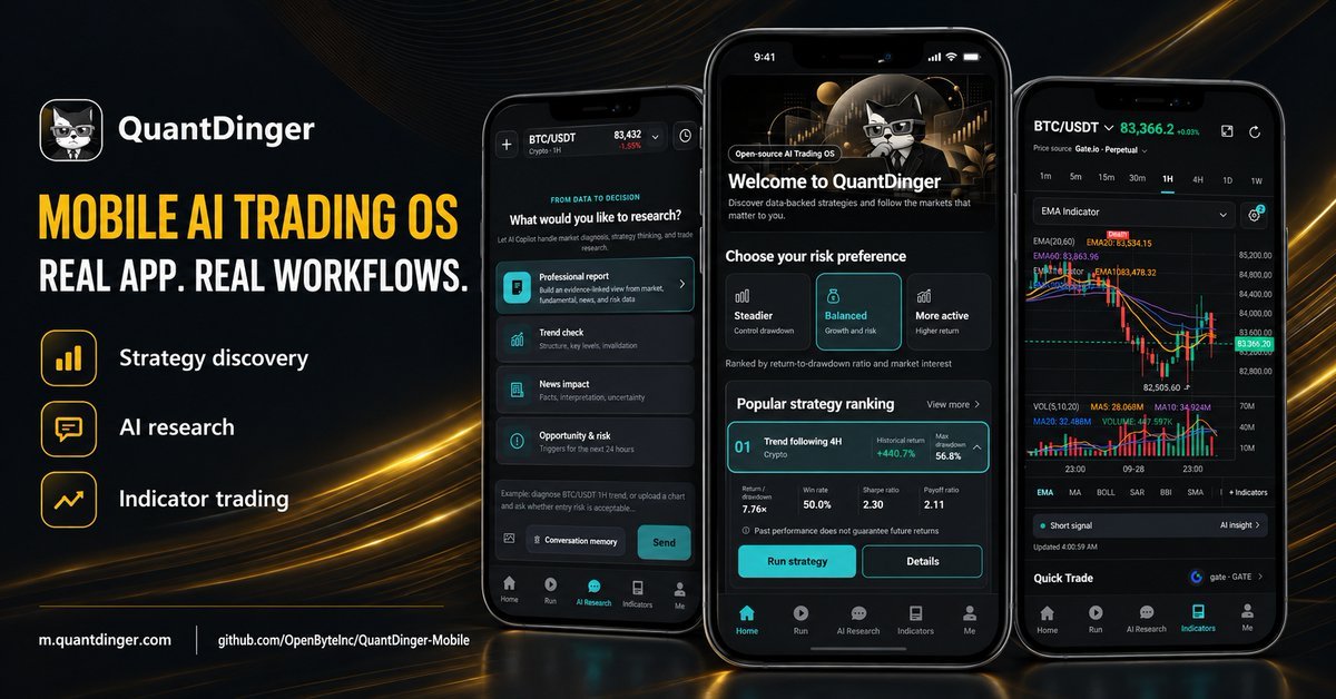 Dingerquant's tweet photo. QuantDinger Mobile 现已上线
找到有效的策略,监控实时交易情况,利用人工智能研究市场动态,探索各种技术指标,甚至可以通过手机在多个交易所进行交易.
试试看： 
https://t.co/9HXXBwC31g 
来源： 
https://t.co/2D6Ky9NfpN 
 #AITrading #AlgoTrading #FinTech https://t.co/vDjoxtZ8V8