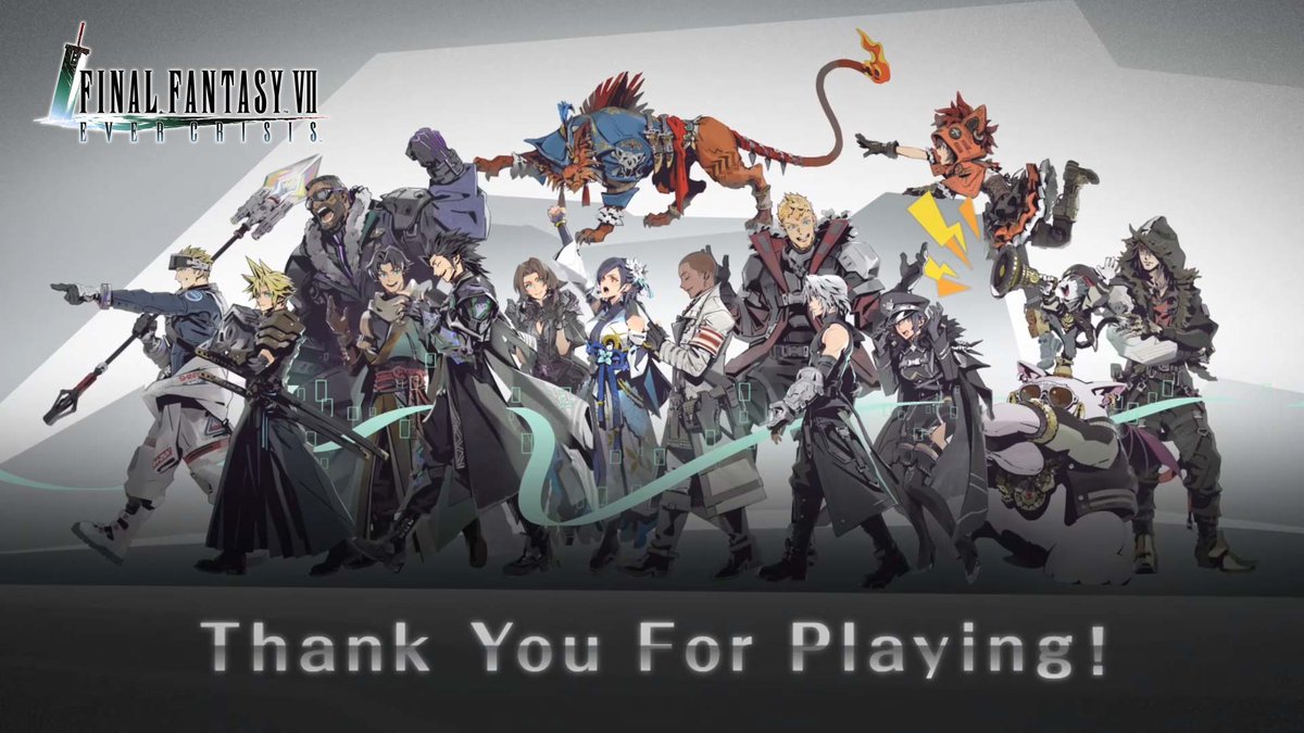 The image is a "Thank You For Playing!" screen from Final Fantasy VII Ever Crisis, featuring a lineup of the game's iconic characters including Cloud, Sephiroth, Tifa, Aerith, and Red XIII against a desolate landscape, marking the end of the mobile game's service.