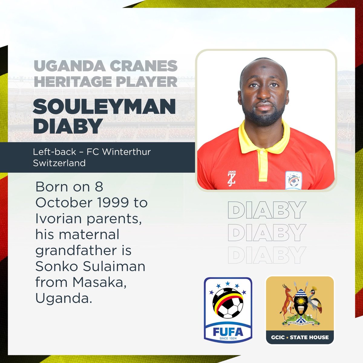 GCICUganda's tweet photo. ๐๐๐ฅ๐๐จ๐ฆ๐, ๐๐จ๐ฎ๐ฅ๐๐ฒ๐ฆ๐๐ง ๐๐ข๐๐๐ฒ!
With Ugandan roots through his maternal grandfather from Masaka, the FC Winterthur left-back joins the Cranes group as Uganda strengthens its squad ahead of AFCON 2027. #OpenGovUg #UGLBY https://t.co/MKYlzrNCWC