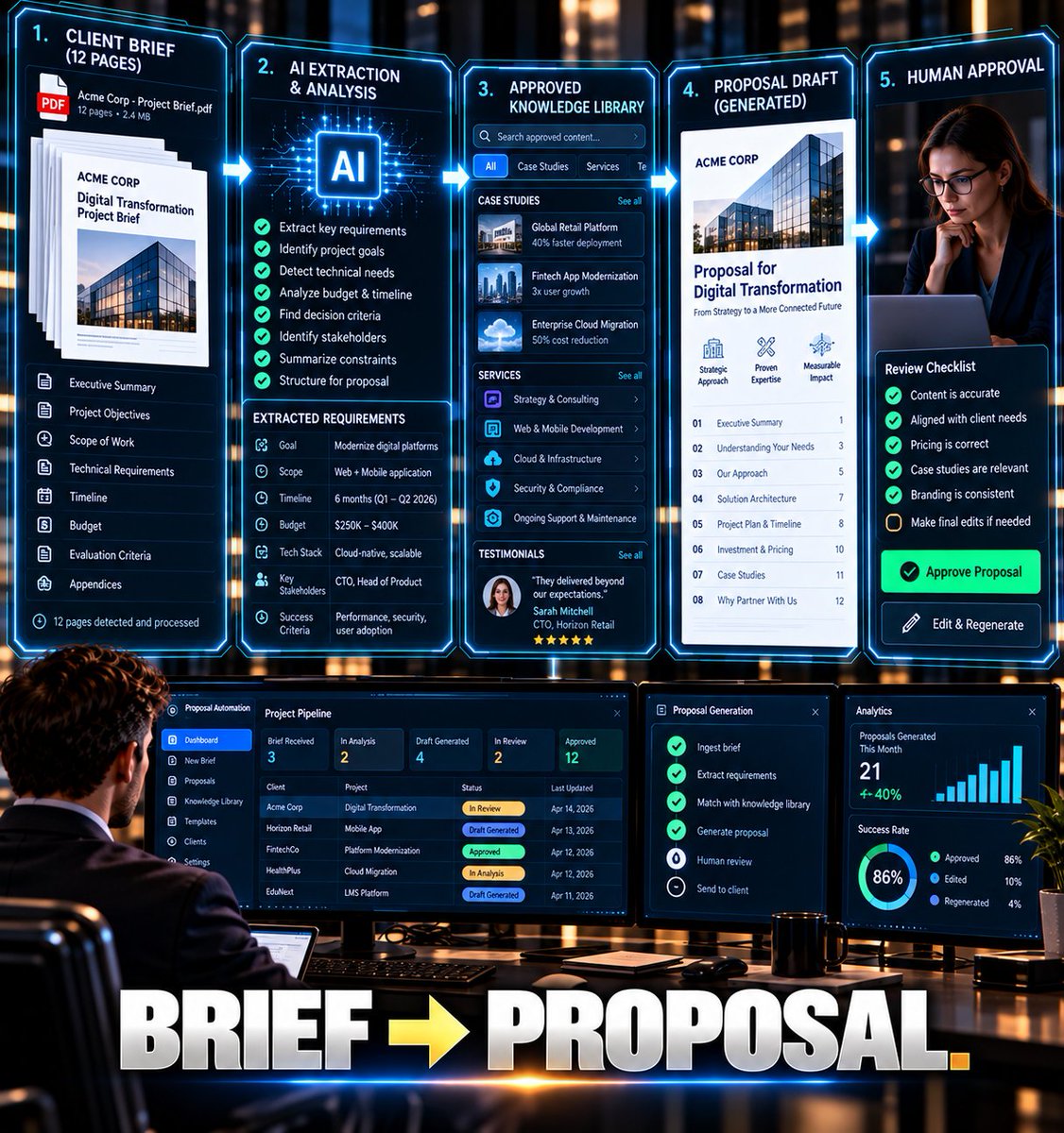 CuriousCreatorX's tweet photo. TURN A CLIENT BRIEF INTO A PROPOSAL — WITHOUT STARTING FROM ZERO

A client sends you a 12-page project brief.

Most people:

Read everything → take notes → open Word → start writing.

I'd build this instead:

CLIENT BRIEF → AI → PROPOSAL DRAFT

Build it:

1. Save incoming briefs in Google Drive/OneDrive.

2. Trigger Make or Zapier when a new brief appears.

3. Send the document to AI.

4. Extract:

- Client objectives
- Deliverables
- Requirements
- Budget
- Timeline
- Risks
- Missing information

5. Search your approved library for relevant case studies, services, testimonials, and previous proposals.

6. AI combines only the relevant material into a proposal draft.

7. Run a second AI check for missing requirements and unsupported claims.

8. Send the draft to a human for editing and pricing approval.

9. Generate the final document.

The AI isn't inventing a proposal.

It's assembling the first 80% from information you already own.

Tools:

Google Drive + Make/Zapier + AI + Google Docs/Word.

What document would you want AI to build from your existing files?