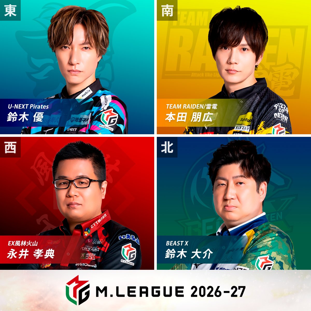 m_league_'s tweet photo. 【２卓同時開催】

大和証券 #Mリーグ 2026-27
9/29(火) レギュラーシーズン
10日目/94日

🀄麻雀ch🀄
第1️⃣試合の出場選手発表

東家：#鈴木優
U-NEXT Pirates

南家：#本田朋広
TEAM RAIDEN/雷電

西家：#永井孝典
EX風林火山

北家：#鈴木大介
BEAST X

実況：#松嶋桃
解説：#魚谷侑未