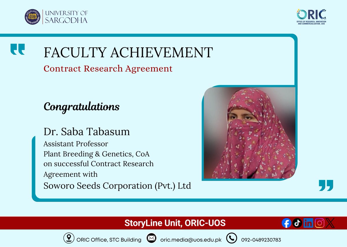 OricUos's tweet photo. Congratulations to Dr. Saba Tabasum, Assistant Professor, Department of Plant Breeding &amp; Genetics, College of Agriculture, UoS, on the successful signing of a Contract Research Agreement with 'Soworo Seeds Corporation Pvt. Ltd.'
#uosoric #soworoseeds #contribution #transformation https://t.co/j5VGnQrFC6