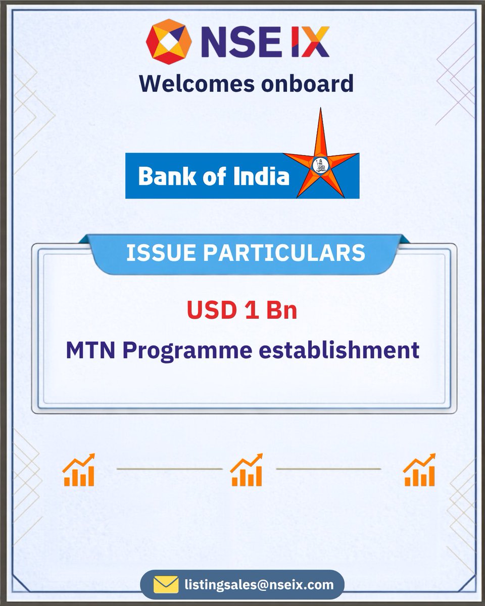 nse_ix's tweet photo. NSEIX welcomes Bank of India on board with the establishment of its USD 1 Billion Medium Term Notes Programme.
We congratulate Bank of India on this significant milestone
#NSEIX #DebtListing #CapitalMarkets https://t.co/vo8WjHb8ZL
