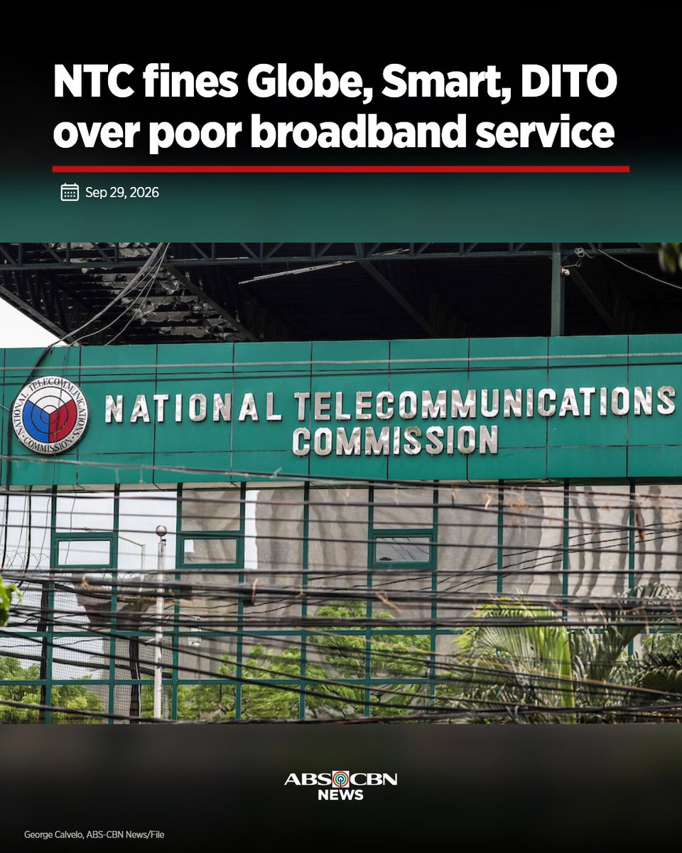 ABSCBNNews's tweet photo. The NTC has fined Globe, Smart Communications, and DITO Telecommunity P100,000 each per day until they meet the required quality of service standard.

This is in connection with their alleged poor mobile broadband services. https://t.co/p9uw2MpRR9