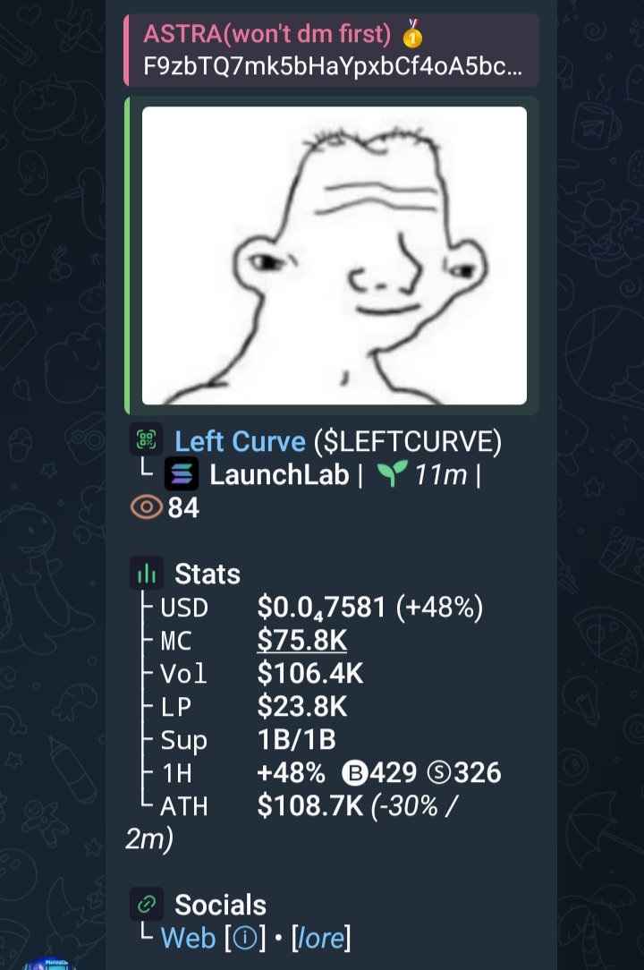 ASTRAsol4's tweet photo. Monitor your entry zone on $LEFTCURVE
CA><

F9zbTQ7mk5bHaYpxbCf4oA5bcnaK6Kkrd7x3VkLGQayk

Entry still ongoing 🖨️🖨️
#solana #memecoin #memecoin1000x https://t.co/usarY3GTiY