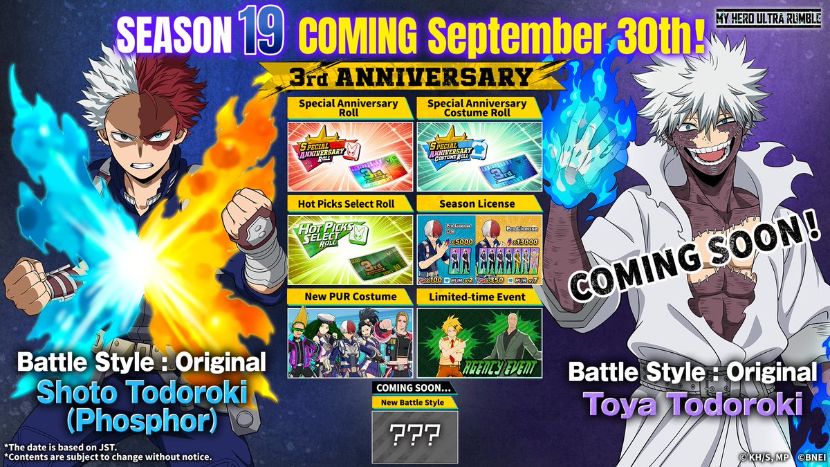 MyHeroUR's tweet photo. ◥◣◢◤◥◣◢◤
  S19 is Coming!
◢◤◥◣◢◤◥◣

Season 19's got tons of 3rd anniversary campaigns!

Shoto Todoroki (Phosphor) and Toya Todoroki will join with new Quirk Skills!

New Idol Costumes for Yaoyorozu, Shiozaki, and Kendo, plus more!

What are you excited for?

#MHUR https://t.co/GrAljxZ154