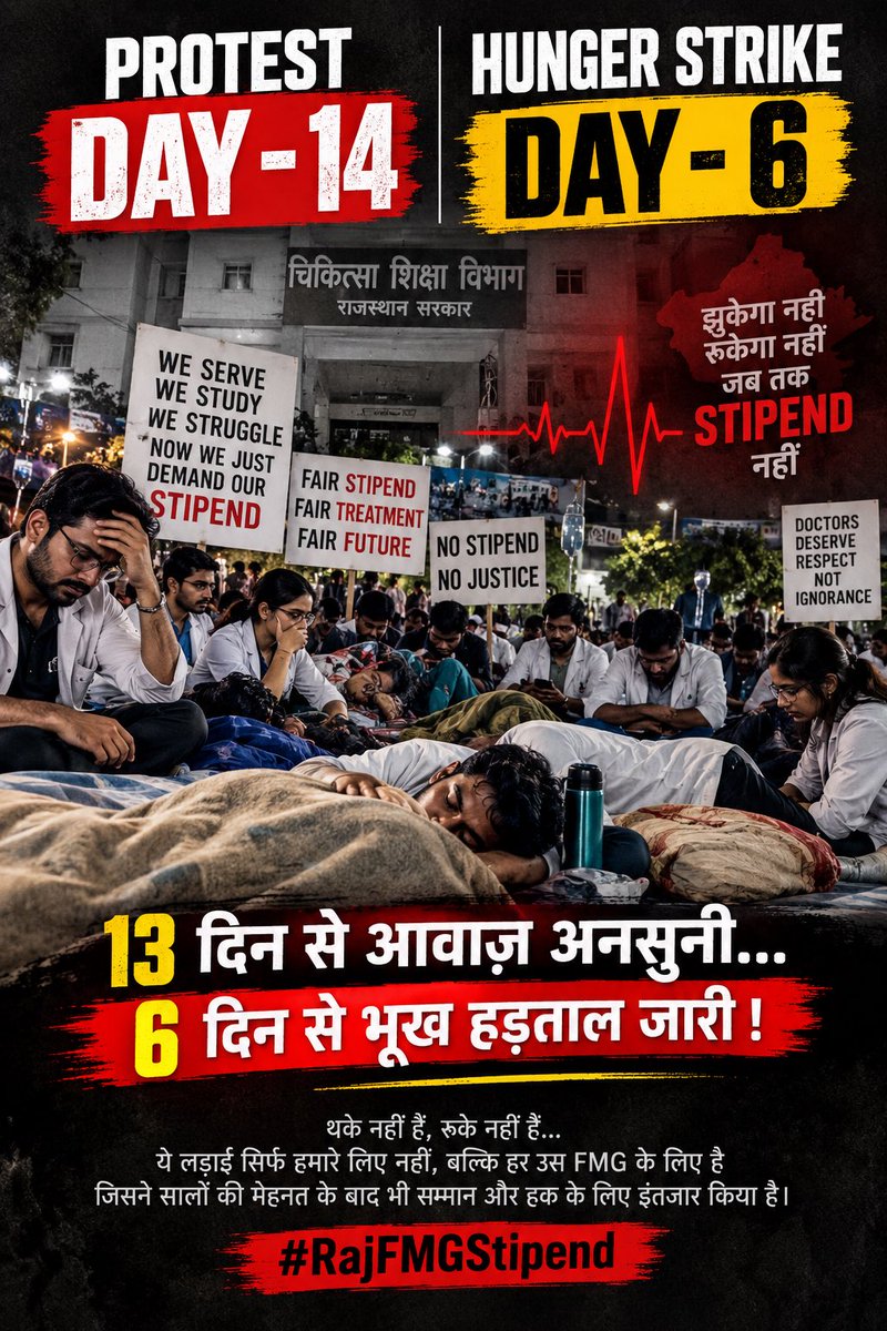 DrRaj05's tweet photo. PROTEST DAY – 14 | HUNGER STRIKE – DAY 6

राजस्थान में स्टाइपेंड की मांग को लेकर डॉक्टरों का शांतिपूर्ण विरोध प्रदर्शन आज 14वें दिन भी जारी है। वहीं कुछ डॉक्टर पिछले 6 दिनों से भूख हड़ताल पर हैं।

डॉक्टरों की मांग है कि स्टाइपेंड से जुड़े मुद्दे पर संबंधित अधिकारियों द्वारा स्पष्ट निर्णय और समाधान दिया जाए।

#RajFMGStipend #ProtestDay14 #HungerStrikeDay6 #FMG #Doctors @KumariDiya @BhajanlalBjp @jaipur_police @jaipurnews @ANI @PTI @GajendraKhimsar @ashokgehlot51 @hanumanbeniwal @NirmlChoudhary @NMC_BHARAT