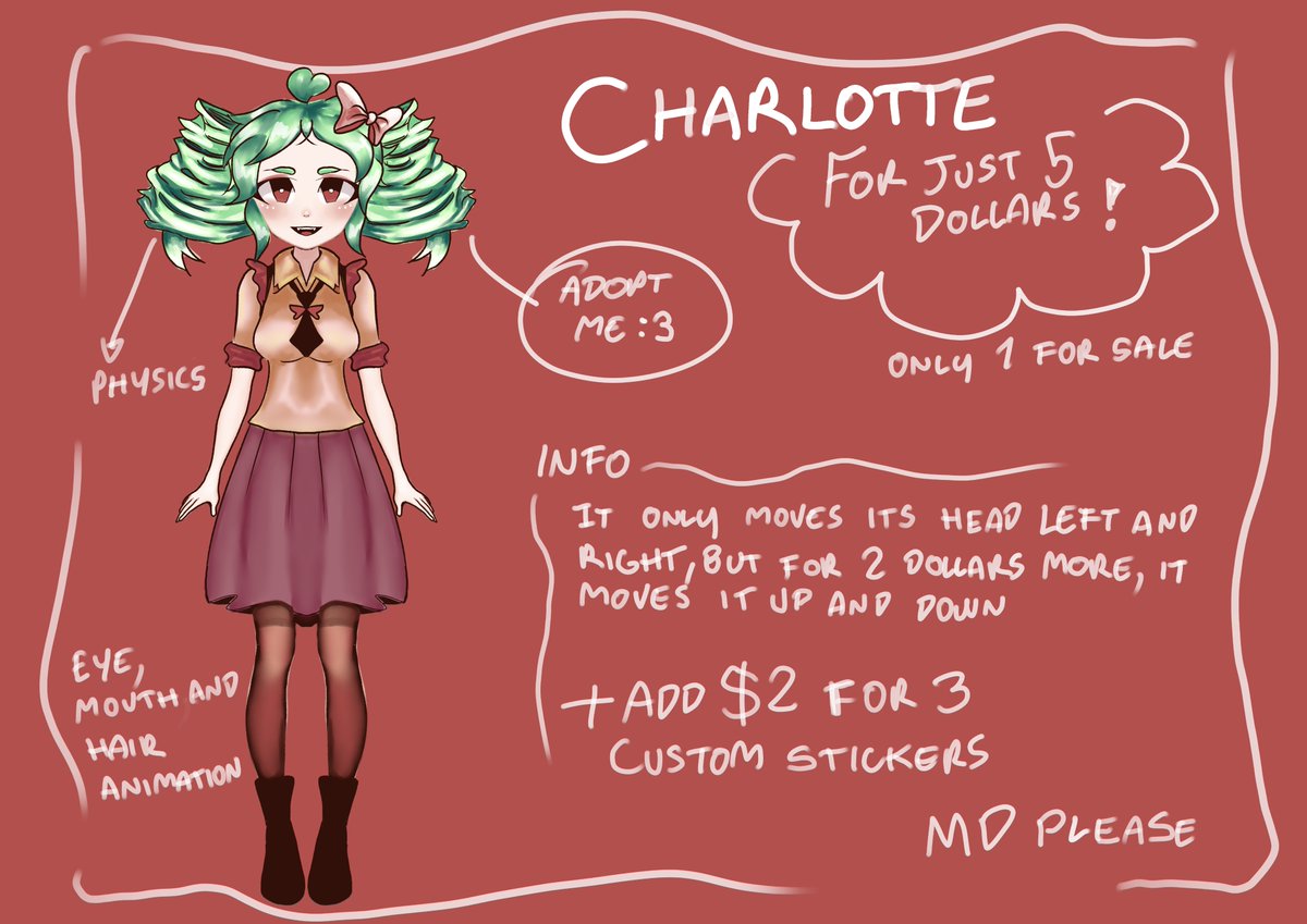 Sindilex_'s tweet photo. Charlotte is looking for a home; adopt Charlotte—she features a unique design and is one of a kind, so she can be yours alone. (It's a VTuber avatar.)
DM me for any clothing modifications.
#Vtuber #art #drawing #artmoots #smallartists https://t.co/gsYH2ywOIe