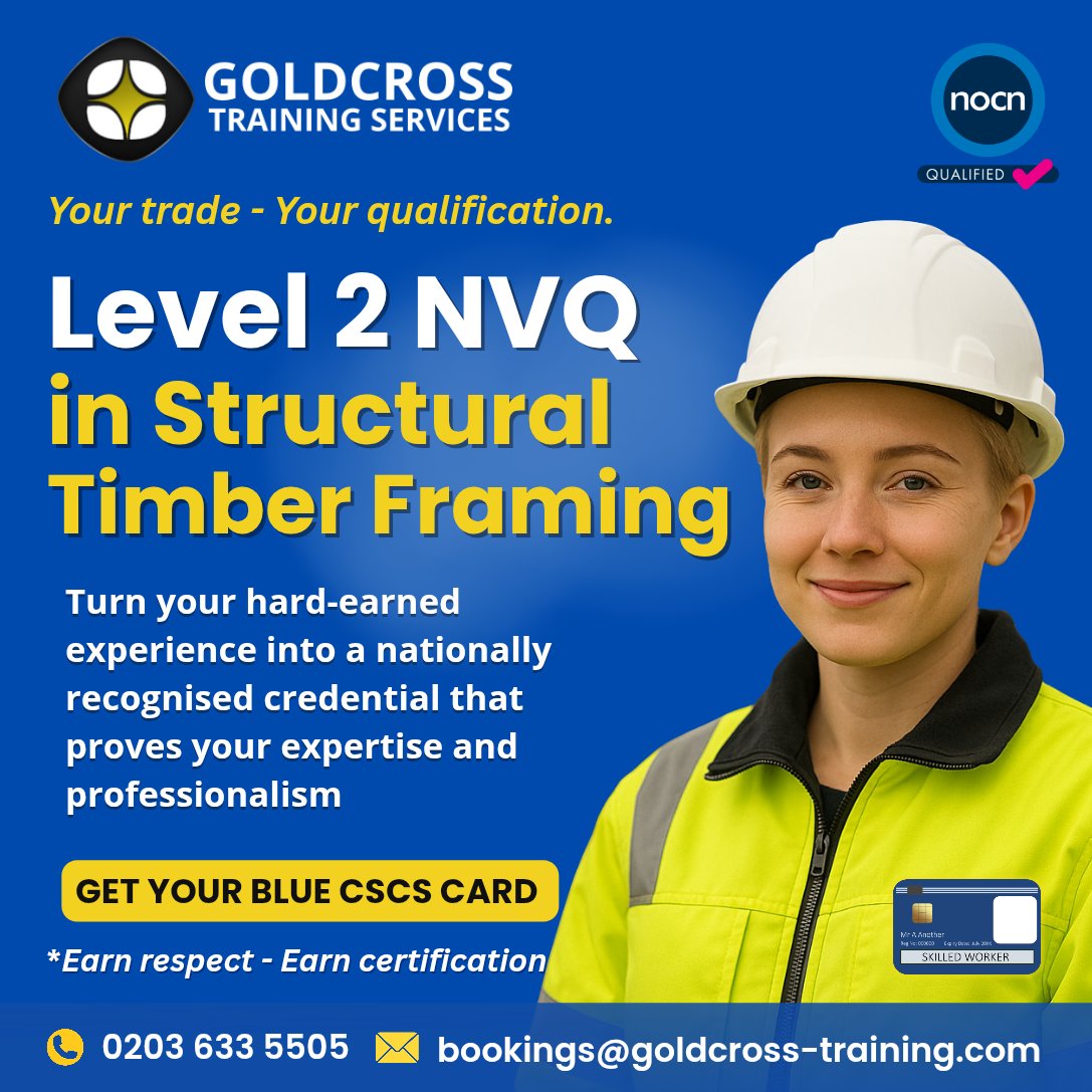 GoldcrossHSE's tweet photo. Turn your structural timber framing experience into a nationally recognised Level 2 NVQ. Show what you can do and work towards your blue CSCS Skilled Worker card.
Call 0203 633 5505 or visit https://t.co/aMDcntmYxA
#Construction #NVQ #CSCS https://t.co/pubBGCat3w