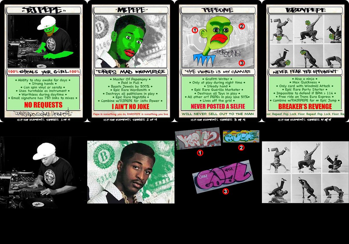 subterranean_1's tweet photo. Today's Rare Pepe Set Lesson™️ is the Hip-Hop Elements Series by @ScrillaVentura. The set consists of Series 4, Card 29 - DJPEPE, Card 30 - MCPEPE, Card 31 - PEPEONE, and Card 32 - BBOYPEPE. Each of these is a 1/169 card and the current floor price for the set is 0.902 BTC ($76,103 USD).

DJPEPE has a circulating supply of 165 after 4 were destroyed in July and August of 2022 for... Reasons. Two by @ScrillaVentura himself, 1 by @COITnft, and 1 by @Carsonated. 

148 wallets hold a copy of DJPEPE and the largest holder is Scrilla with 6.

73 wallets hold a copy of MCPEPE with Scrilla holding 80/169 (47.3%).

62 wallets hold a copy of PEPEONE with Scrilla holding 85/169 (50.3%).

81 wallets hold a copy of BBOYPEPE with Scrilla holding 73/169 (43.2%).

29 wallets hold the full set of 4.

A digital only set was auctioned via @scarcedotcity in June of 2021 and the winner was @AryanJabbari with a winning bid of 0.06 BTC.

In November of the same year a physical + digital set was sold via auction (also on Scarce) to "V" for 1.05 BTC. 

The source image for DJPEPE is DJ Qbert (@DJQbert)  taken 19 Sept 2010 at Sala El Loco in Valencia, California by Rafo Solano of Dear Productions.  It was first published on Rafa's flickr page. The first commerical use of the photo was for a https://t.co/Tce9oL1qUX article published 11 Oct 2014 titled The Evolution of DJ Qbert which was written by Kyle Eustice. 

The source image for MCPEPE is the Eric B. & Rakim album cover for Paid In Full. Scrilla isolated and Pepefied Rakim for the card. 

The source images for PEPEONE are graffiti throw-ups by members of the RTH Crew from Statin Island. Specifically GOAL, KEVS, and OUCH (RIP). Scrilla knows all 3 artists and was given permission to use their work on the card. They are in the background in black and white. Scrilla then went over their work with his own drawing and lettering for a character he named PEPEONE. 

The subject of BBOYPEPE is Beat Street star Robert Taylor. The moves (head spin, sweep swipe, turtle back spin, downrocking, and track freeze) were captured by photographer Michael Ginsburg who worked behind the scenes on the production crew as the still photographer, capturing the promotional and production imagery for Orion Pictures.

The images were first used in publication in the June 29, 1984 issue of BAM Magazine as part of the article Breakin' the Rules: "Beat Street" Director Stan Lathan Brings New York's Streets to Hollywood.

Further reading/viewing:

DJ Qbert source image - https://t.co/TfGtEShDcg

DJ Qbert on Bandwagon - https://t.co/qclgsJ7xZf

Rafael Solano Gonzalez - https://t.co/3FF6jpMwCj

DJ Qbert - https://t.co/ZittuE90tE

Paid in Full (album) - https://t.co/AGlyJXFPCw

Rakim - https://t.co/D20zLwzUmR

Eric B. & Rakim- Paid In Full - https://t.co/GRTt4NXNdk

bombing science interview of Joe Goal, Febryary 17, 2017 - https://t.co/aUUq7Uhaaw

GOAL rth paint session - https://t.co/gKzg6MFZvr

OUCH throw-up from the May 2010 Riverwalk Graff Jam in New Jersey - https://t.co/fhRs1CZmUp

KEVS throw-up taken by GaliciaChris 7 April 2010 in Brooklyn, NY - https://t.co/mXh1n5bzbg

Photographic prints: gelatin silver, b&w: 21 x 26 cm. Film stills and publicity photographs from the movie "Beat Street". Available by appointment only at Schomburg Center in the New York Public Library - https://t.co/xWHZPK4TGv

https://t.co/akDVYA7qEY

okaplayer article - https://t.co/tf8nco4jEh

Beat Street (1984) Official Trailer - https://t.co/8tw5YOXaCL

Scarce listing  Series 4 Hip-Hop Elements Series (digital only) - https://t.co/Ayfcahcu1M

Scarce listing Series 4 Hip-Hop Elements Series (physical + digital) - https://t.co/xwgx7MNHUa