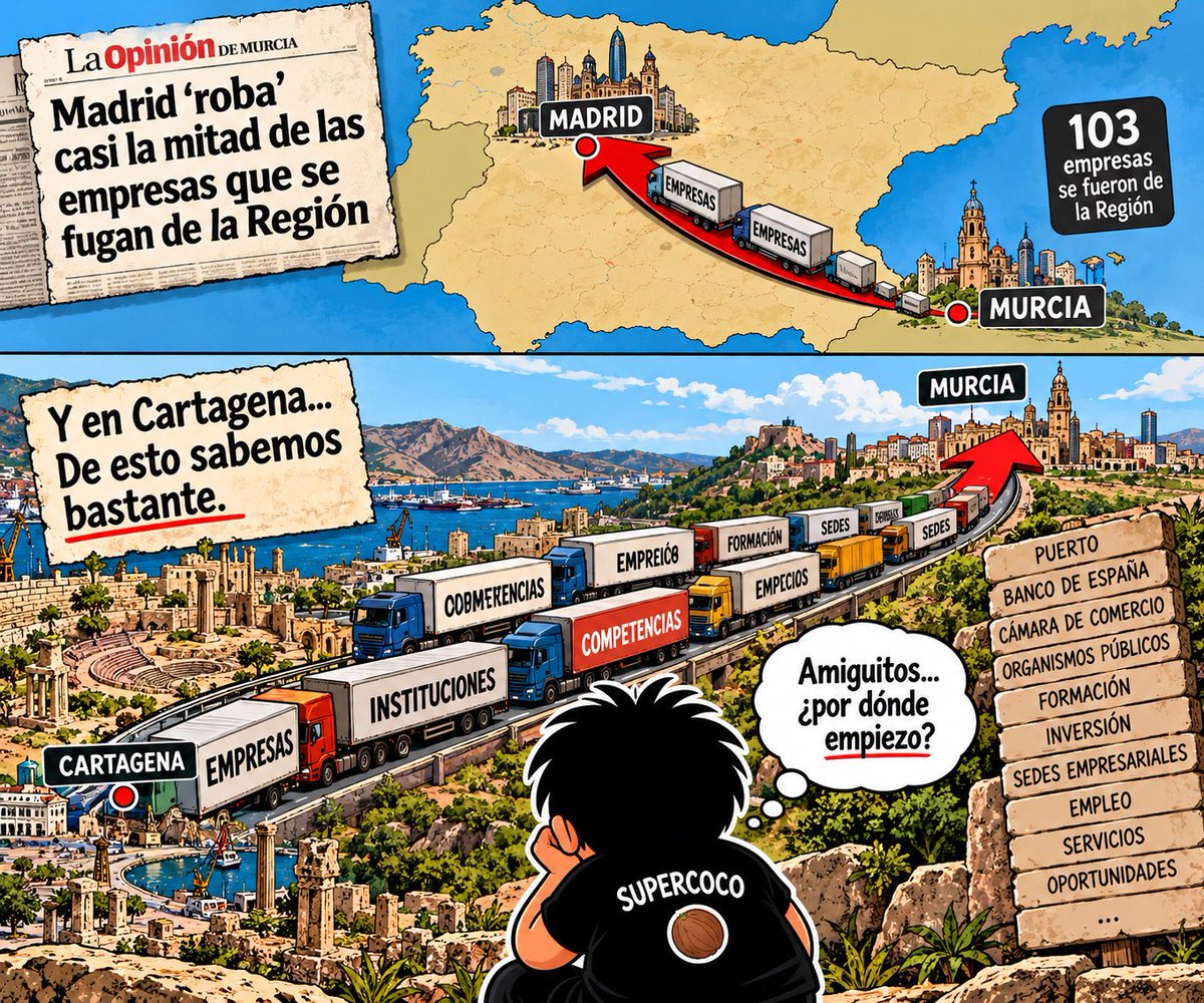 CocoCartagena's tweet photo. 🥥 Amiguitos… La prensa murciana denuncia que Madrid «roba» empresas a Murcia.

En Cartagena de esto sabemos bastante.

Algún día hacemos la lista de todo lo que Murcia se ha llevado de Cartagena.

Pero traed un rollo de papel largo.

Muy largo.

#SuperCocoCartagena https://t.co/NzlM7ffe9G
