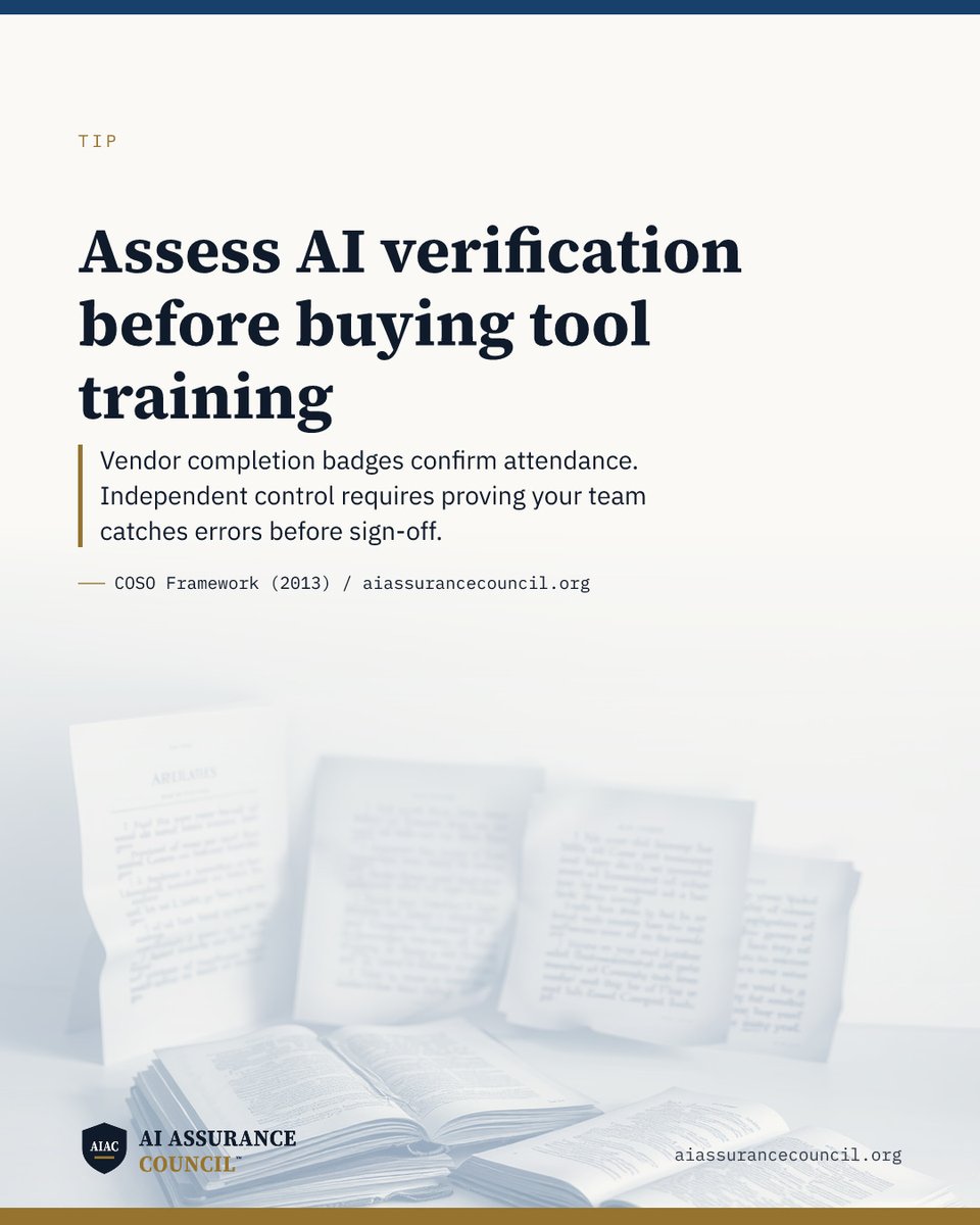 TheAIACouncil's tweet photo. Attendance badges cannot prove staff verify AI figures. Under COSO (2013), reliance requires review.

The Council examines using AI in finance—never auditing AI systems. Online multiple-choice exams sit October 2026.

Enrol at https://t.co/5oY2cXMPnq. #AIinFinance https://t.co/C7UY7RamAx