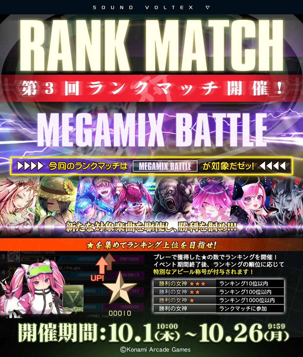 SOUNDVOLTEX573's tweet photo. ∫(*＞▽ 0ｖ)ζ＜やっほ～！まいちゃんだみゅん♪
第3回ランクマッチ「MEGAMIX BATTLE」開催だみゅ～ん！
ARENA STATIONには、あの楽曲の新規追加譜面とハロウィンにピッタリなアピカが再登場だみゅん！
新たに追加された対象楽曲で、早速まいちゃんとバトルだみゅん！
https://t.co/HKsfCzrO7F #SDVX https://t.co/ZNTMTwhYHa