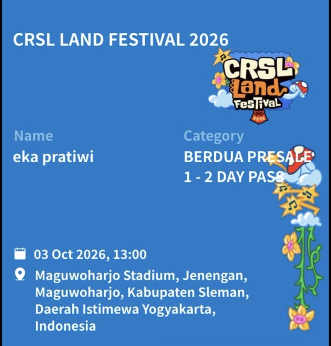 tictacct's tweet photo. WTS tiket CRSL LAND 2 day pass 2 tiket, ak jual 470k aja dehh
gajadi berangkat karna ada kerjaan yg ternyata gabisa ditinggal 😭 
jujur berat krn GAJADI NONTON ELEPHANT KIND HIKDD 😭😭😭 https://t.co/cjsWW4SI77