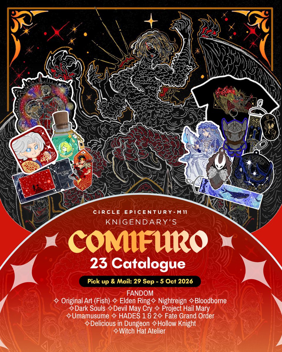 knigendary's tweet photo. 🤍 &amp; RT are appreciated!
Knigendary's CF23's catalog!

📍: Epicentury, M11, Both days
📦: Pick up &amp; Mail
✦: Original, Project hail mary, Elden Ring, Dark souls, Bloodborne, DMC, FGO, Hollow knight, Hades, Dungeon meshi, WHA
🔗:https://t.co/cR4CgzyX5N

#CF23catalogue #COMIFURO23 https://t.co/0RHXHXkcJh