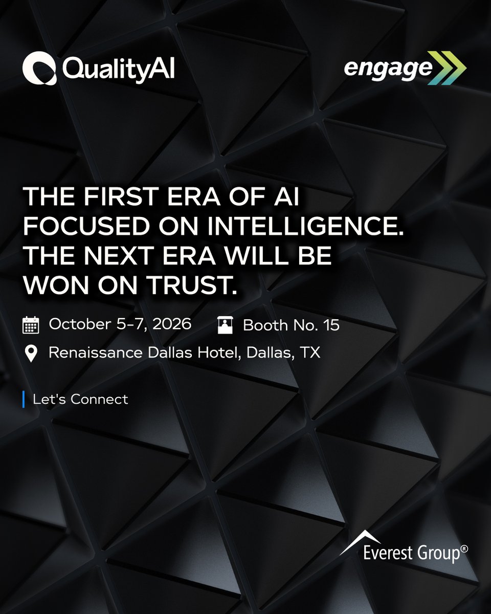 QualityAIGroup's tweet photo. The first era of AI focused on intelligence.
The next era will be won on trust.
That’s the conversation we’re bringing to #EverestEngage2026 – exploring what it takes to make enterprise #AI reliable, production-ready, and trusted.
Let's connect!
#EnterpriseAI #QualityAI https://t.co/nN7XDbogTo