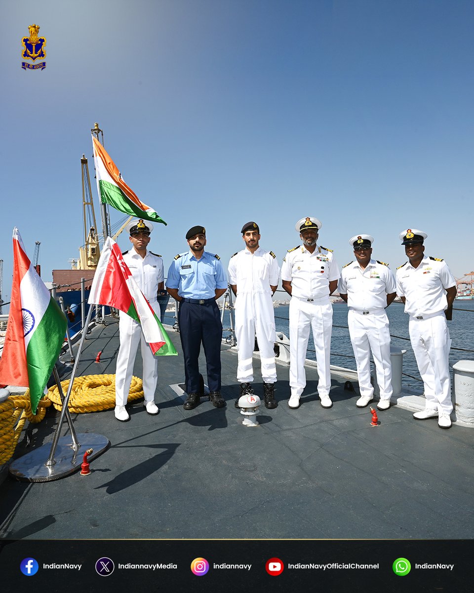 IndiannavyMedia's tweet photo. Strengthening Maritime Cooperation

#INSRanvijay, a frontline destroyer of the #IndianNavy, called at #Salalah as part of her ongoing deployment. The CO of #INSRanvijay called on the Southern Naval Area RNO Commander.

The port call witnessed professional engagements between #RNOVSadh and #INSRanvijay. An IN-RNO #PASSEX was also conducted off Salalah. The engagements underscored enduring India-Oman friendship and maritime ties.

@SpokespersonMoD
@MG_MOD_OMAN
@Indemb_Muscat
@HQ_IDS_India
@indiannavy
@IN_WNC
@DefPROMumbai