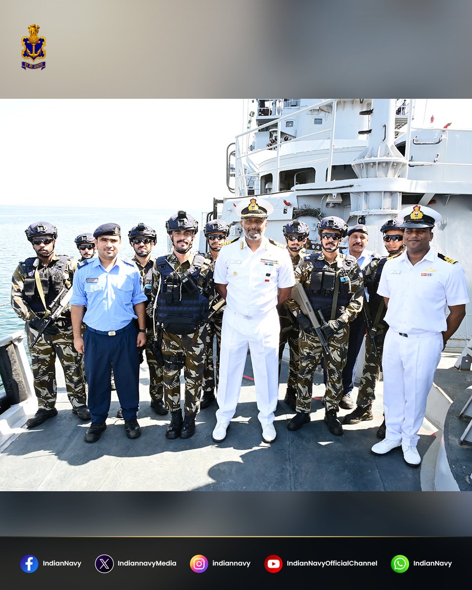 IndiannavyMedia's tweet photo. Strengthening Maritime Cooperation

#INSRanvijay, a frontline destroyer of the #IndianNavy, called at #Salalah as part of her ongoing deployment. The CO of #INSRanvijay called on the Southern Naval Area RNO Commander.

The port call witnessed professional engagements between #RNOVSadh and #INSRanvijay. An IN-RNO #PASSEX was also conducted off Salalah. The engagements underscored enduring India-Oman friendship and maritime ties.

@SpokespersonMoD
@MG_MOD_OMAN
@Indemb_Muscat
@HQ_IDS_India
@indiannavy
@IN_WNC
@DefPROMumbai